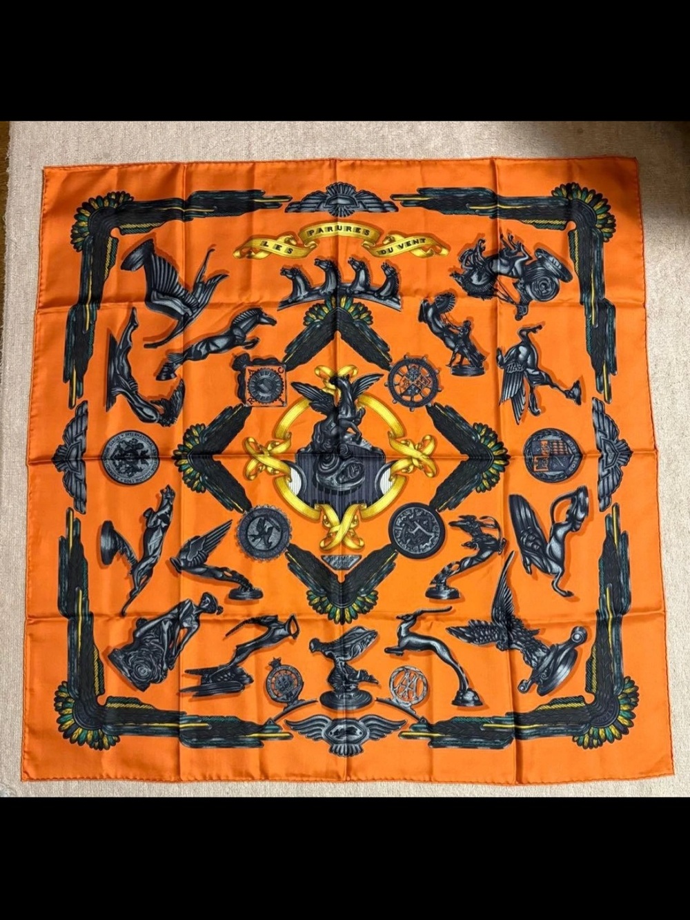 Hermes Orange Silk Scarf with Navy and Yellow Motifs